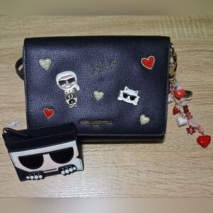 Karl Lagerfeld Black Crossbody Bag with Matching Wallet & Heart Accents Keychain